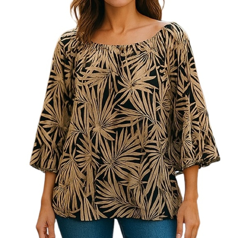 Michael Kors Women's Black and Tan Leaf Print Top with Bell 🛎️ Sleeves